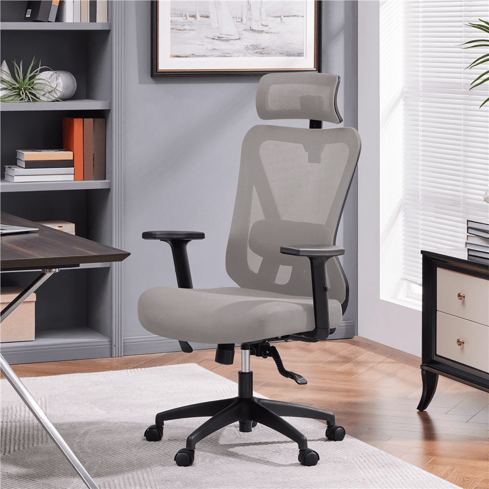 Smile Mart High-Back Ergonomic Mesh Office Chair with Adjustable Headrest. Light Gray