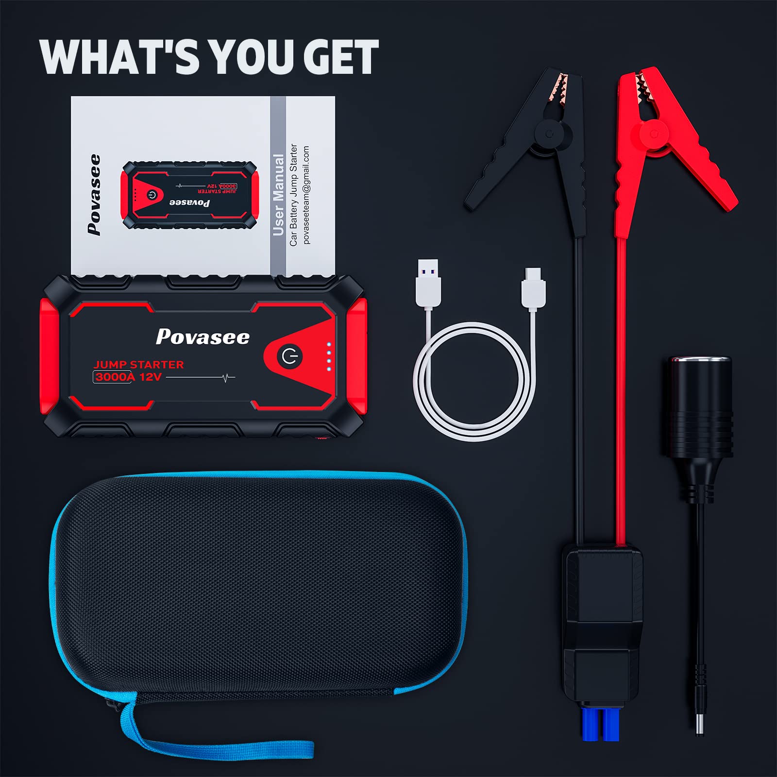 Povasee Jump Starter 3000A Peak Jump Starter Battery Pack. 12V Jump Box for Car Battery up to 10L Gas or 8L