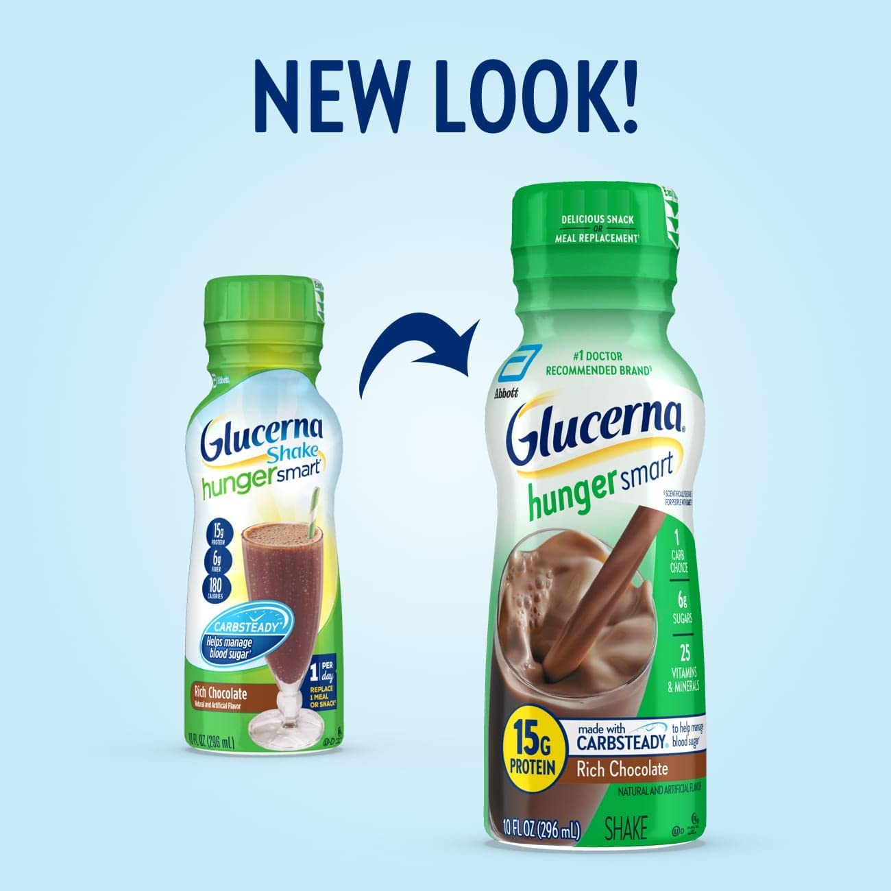 Glucerna Hunger Smart Shake. Diabetic Drink. Blood Sugar Management. 15g Protein. 180 Calories. Rich Chocolate