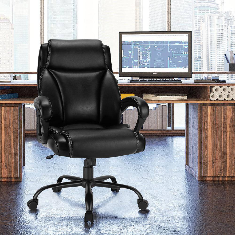 Costway Black 400 lbs. Big and Tall Leather Office Chair Adjustable High Back Task Chair