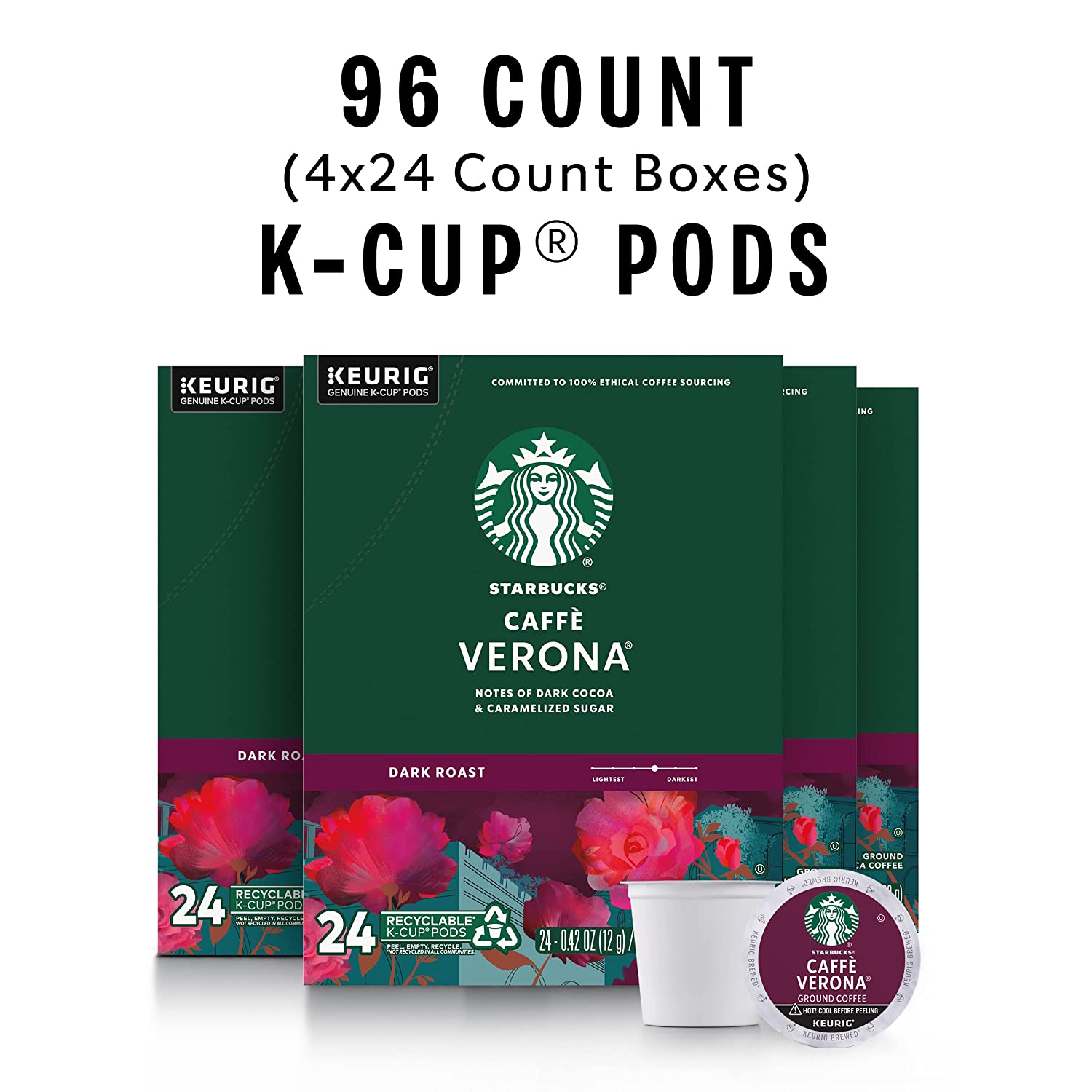 Starbucks K-Cup Coffee Pods. Dark Roast Coffee. Caffè Verona for Keurig Brewers. 100% Arabica. 4 boxes (96 pods total)