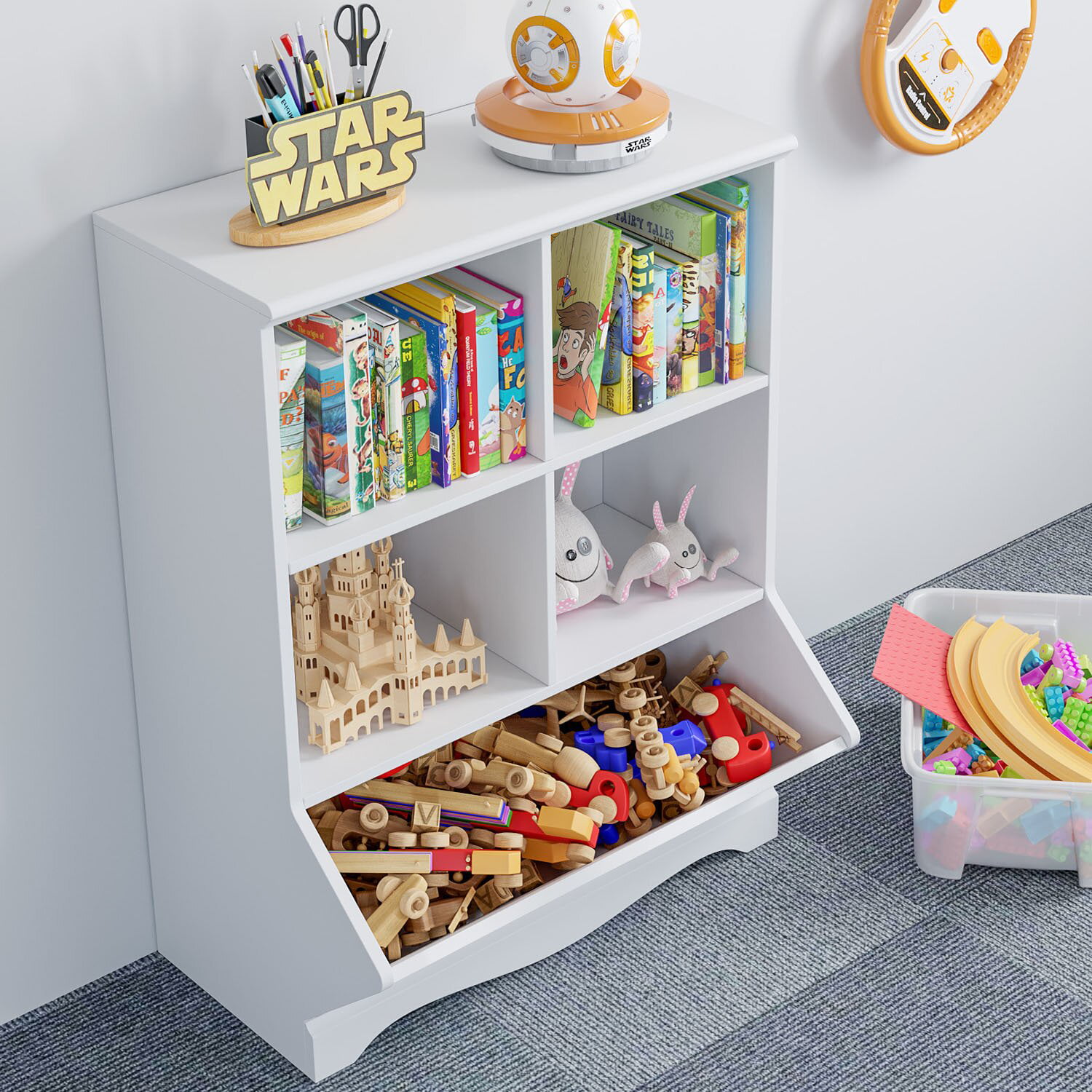 Homfa Kid-s Cubby Toy Storage Cabinet. Wood Toy Organizer of 5 Bins. Children-s White Bookcase. Toy Chest for Bedroom Living Room