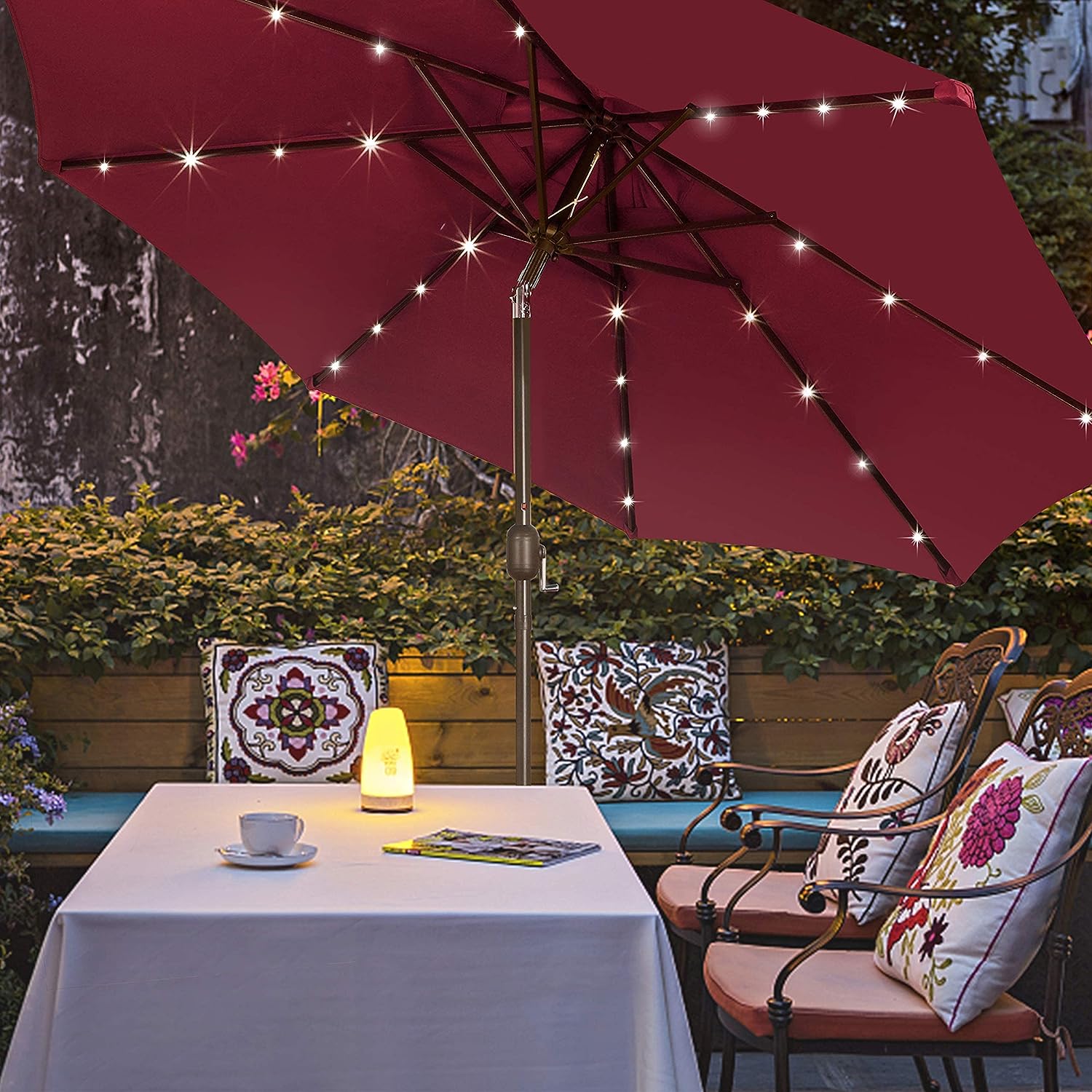 Blissun 9 ft Solar Umbrella. 32 LED Lighted Patio Umbrella. Table Market Umbrella. Outdoor Umbrella for Garden. Deck. Backyard. Pool and Beach (Burgundy)
