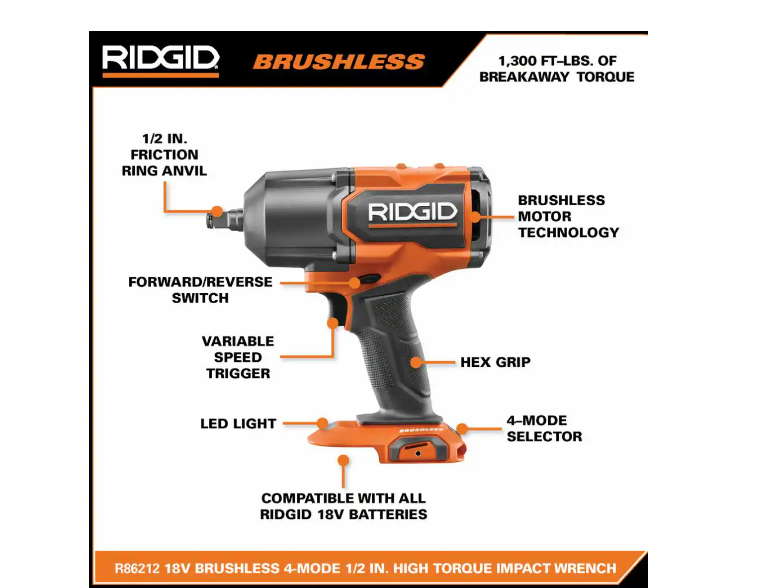 RIDGID R86212B 18V Brushless Cordless 4-Mode 1/2 in. High-Torque Impact Wrench (Tool Only)