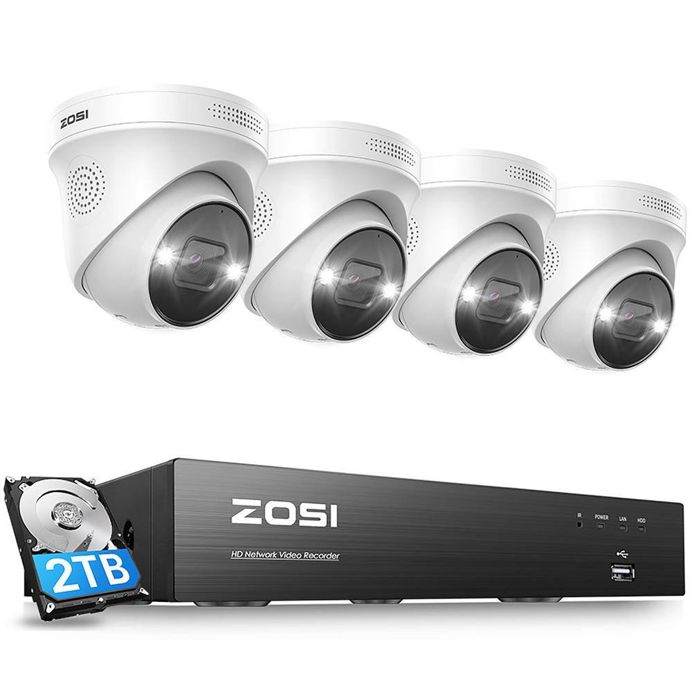 ZOSI 8SN-2258W4-20-US-A2 4K UHD 8-Channel 2TB PoE NVR Security Camera System with 4 8MP Wired Spotlight Cameras. Color Night Vision. 2-Way Audio