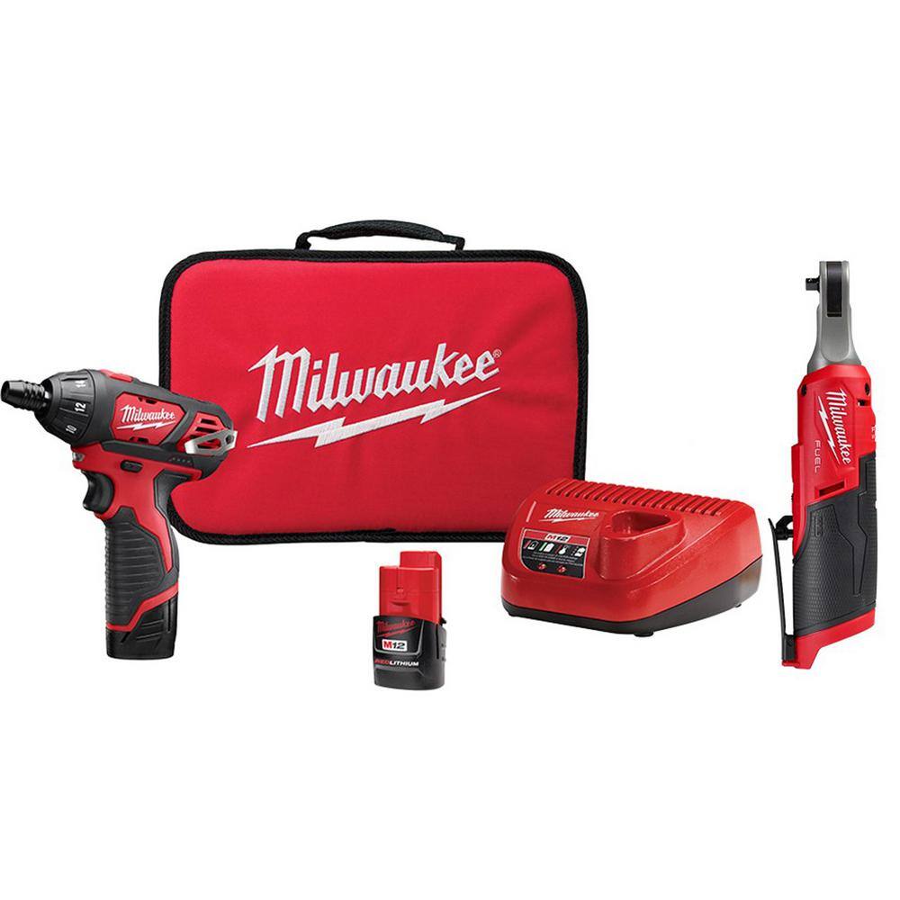 Milwaukee 2566-20-2401-22 M12 FUEL 12V Lithium-Ion Cordless High Speed 1/4 in. Ratchet and 1/4 in. Hex Screwdriver Kit (2-Tool)