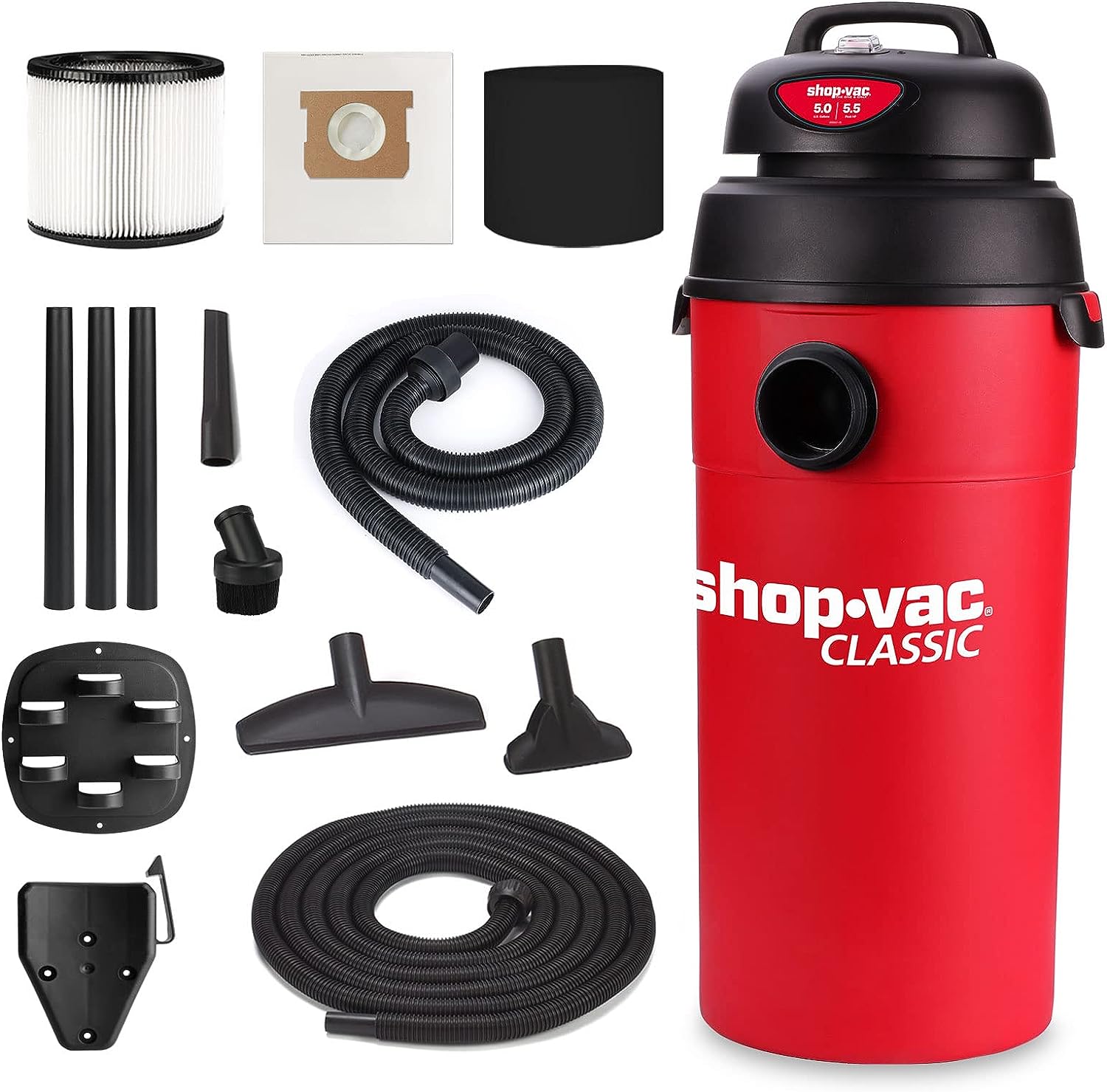 Shop-Vac 5 Gallon 5.5 Peak HP Wet/Dry Vacuum. Wall Mountable Compact Shop Vacuum with 18′ Extra Long Hose & Attachments. Ideal for Jobsite. Garage. Car & Workshop. 9522236