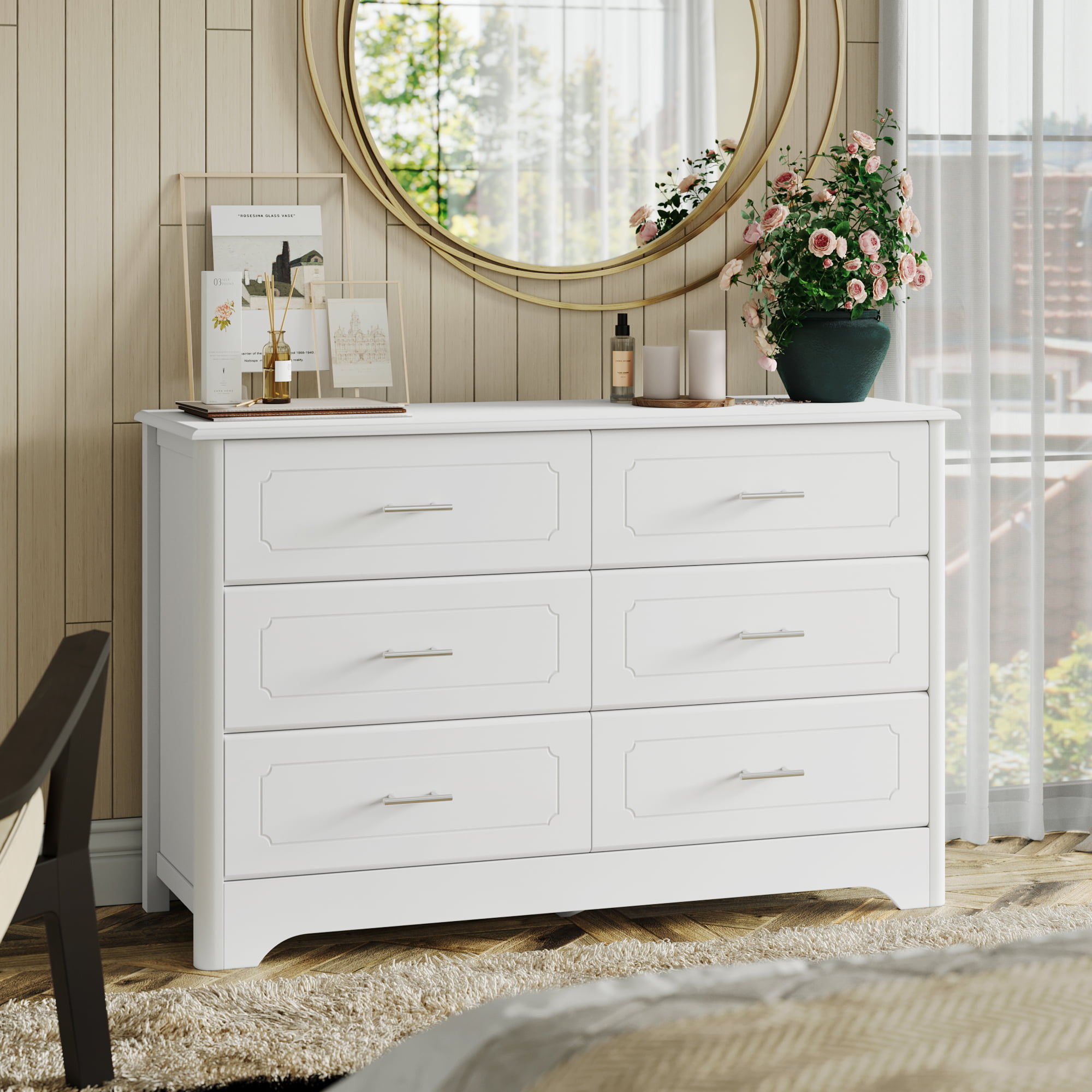 Homfa Double Dresser with 6 Drawer. White Horizontal Dresser Chest for Bedroom