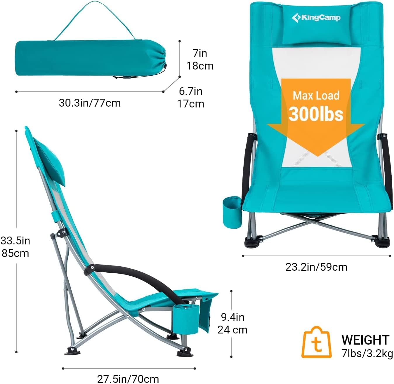 KingCamp Low Sling Beach Chairs.Folding High Mesh Reclining Back Chair for Adults with Headrest.Cup Holder.Carry Bag Padded Armrest for Sand Camping Lawn Concert Travel Festival