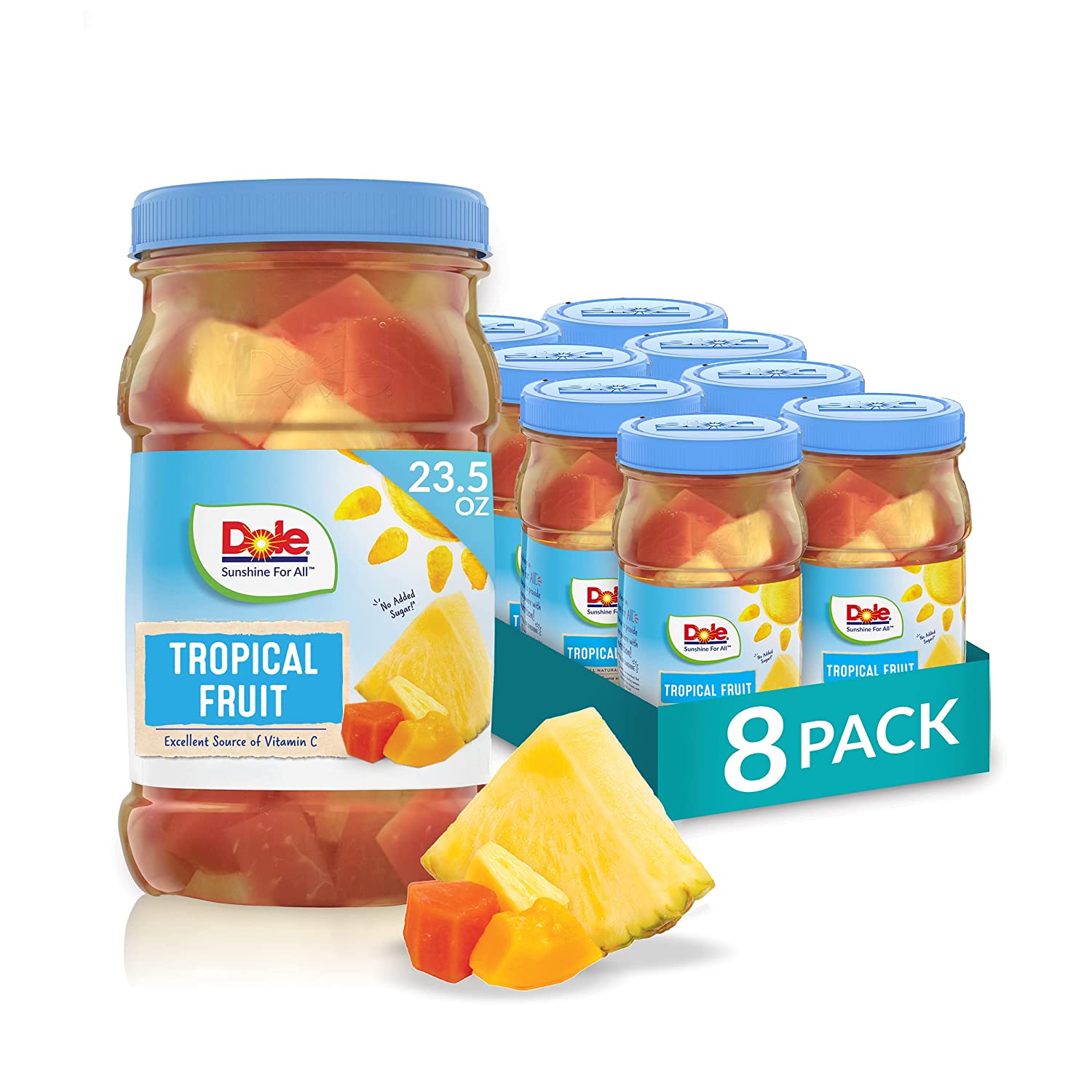 Dole Tropical Fruit in 100% Fruit Juice. Pineapple & Papaya. 23.5 Oz Resealable Jars. 8 Count