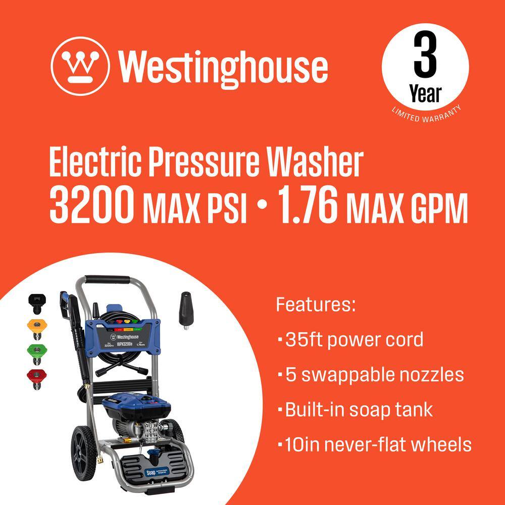 Westinghouse WPX3200e WPX3200e PSI 1.76 GPM 13 Amp Cold Water Electric Pressure Washer with Turbo Nozzle and Quick Connect Tips