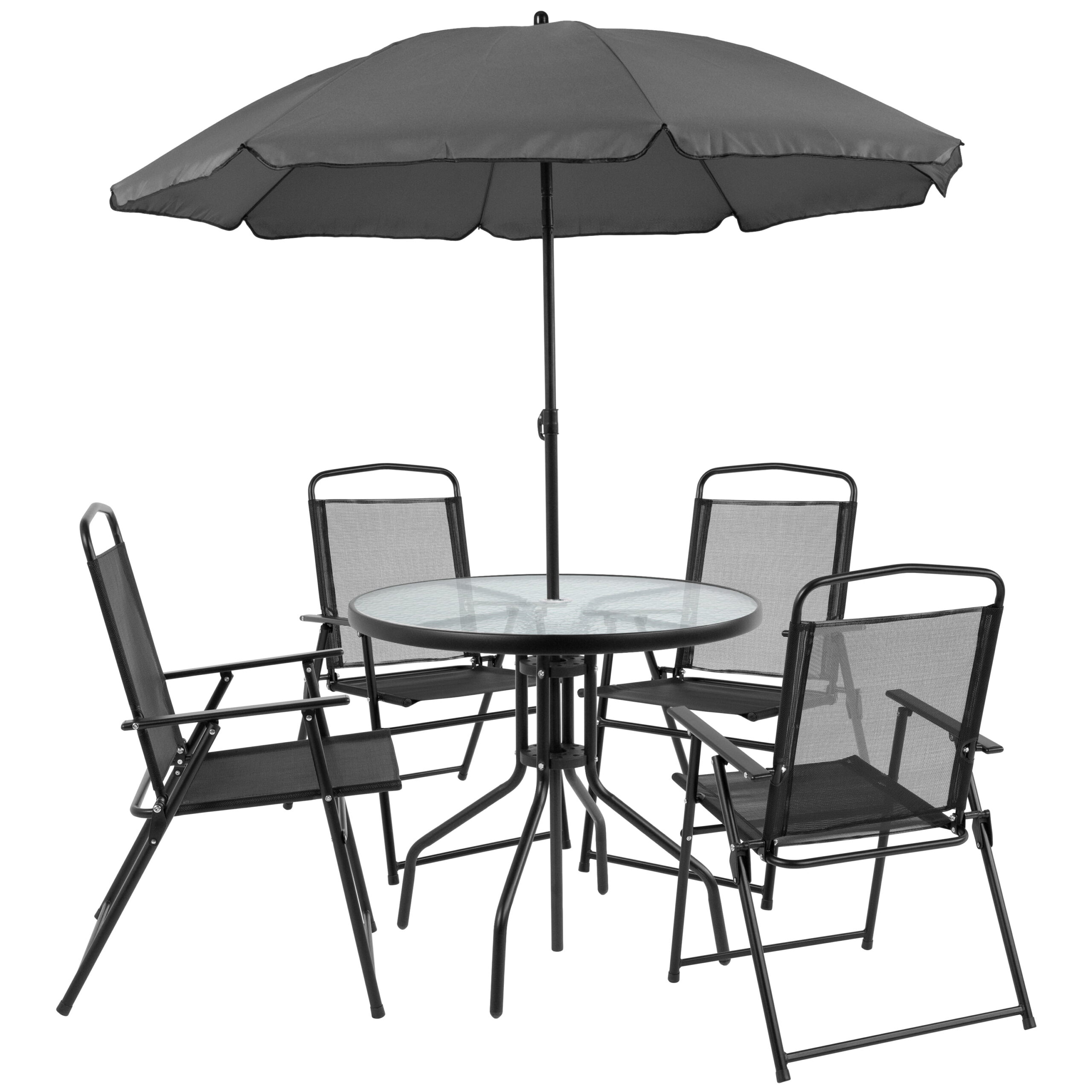 Flash Furniture Nantucket 6 Piece Black Patio Garden Set with Umbrella Table and Set of 4 Folding Chairs