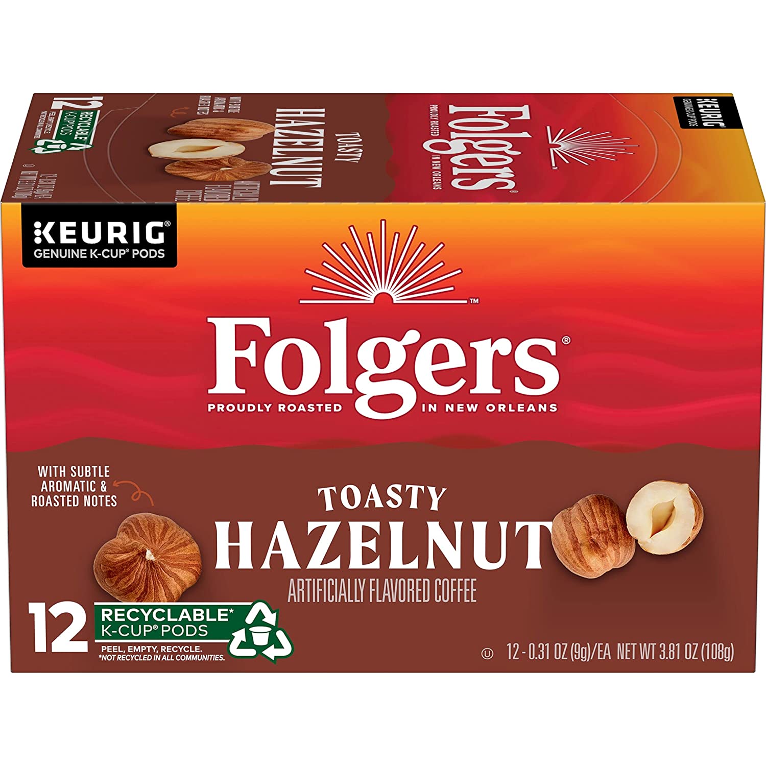 Folgers Toasty Hazelnut Coffee. 72 Keurig K-Cups Pods