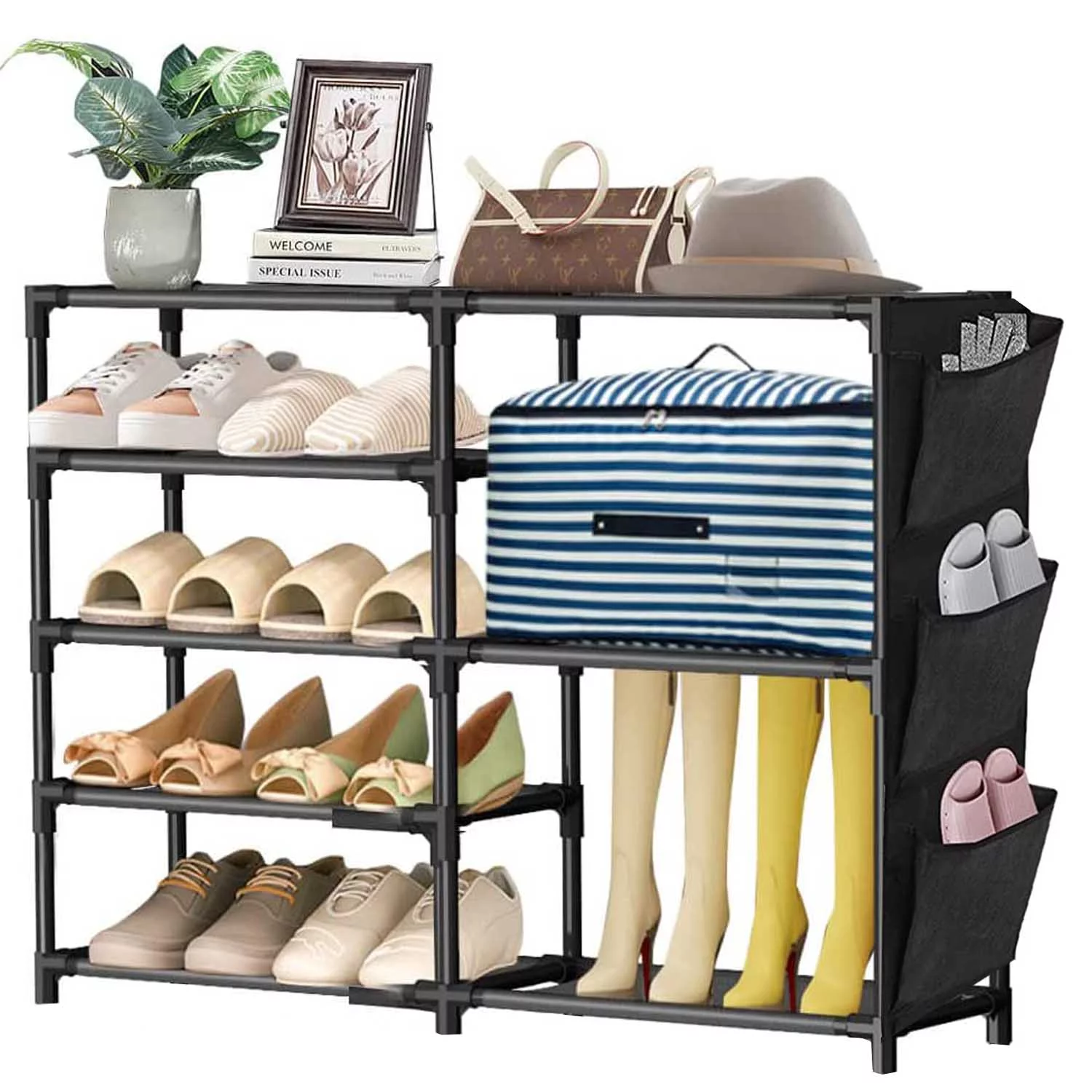 HKEEY Shoe Rack Storage Organizer. 5-Tier Durable Metal Shoe Rack with Side Hanging Pockets. Stackable Boots Shelf Organizer for 12-16 Pairs Shoes. Space Saving Shoe Cabinet