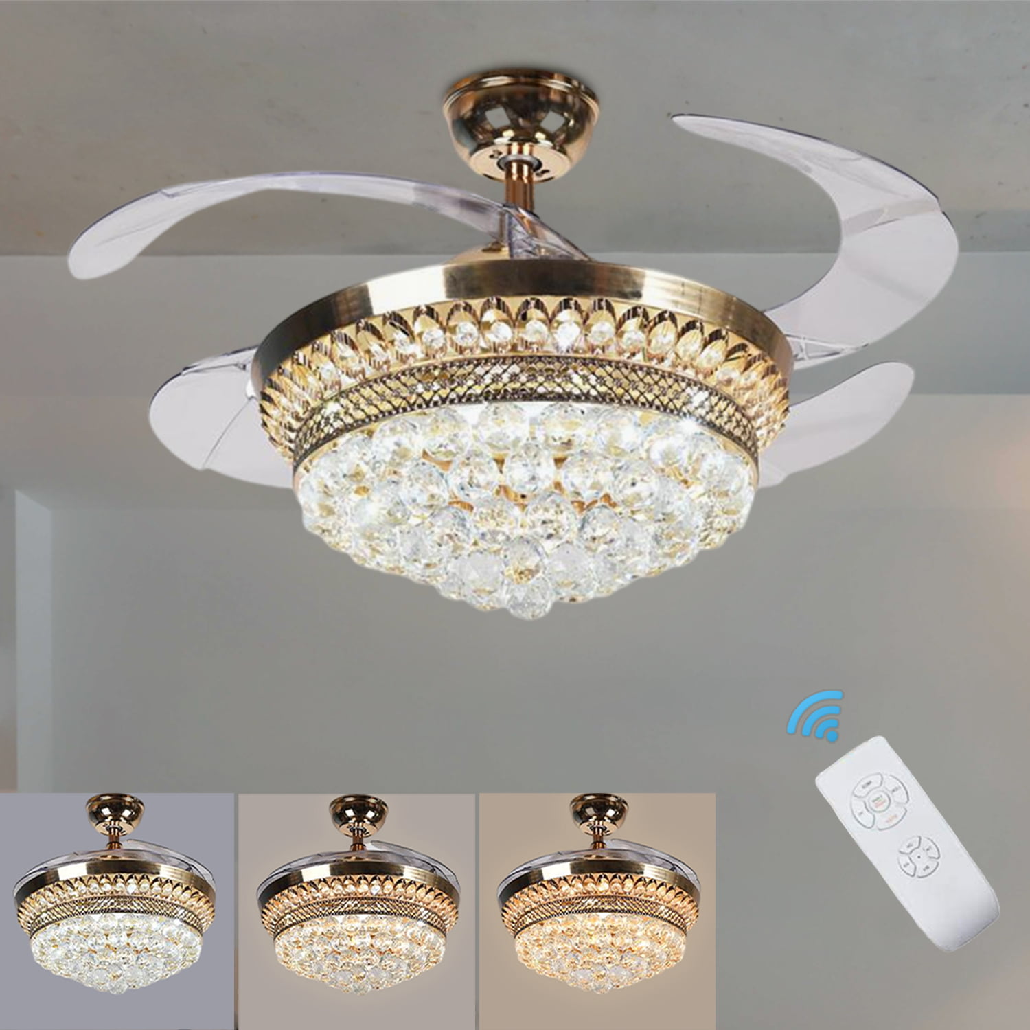FINE MAKER 42″ Crystal Ceiling Fan with Light Remote Control Retractable 4 Blades Fandelier 3 Light Color LED Chandelier for Living Room Bedroom Gold Metal Finish 110V