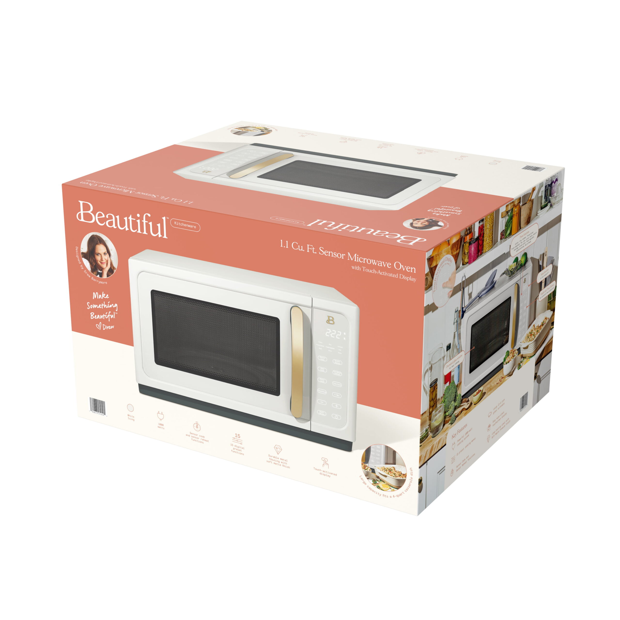 Beautiful 1.1 Cu ft 1000 Watt. Sensor Microwave Oven. White Icing by Drew Barrymore