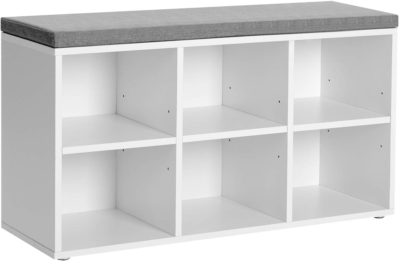 VASAGLE Shoe Bench. Shoe Storage Organizer with 6 Compartments and 3 Adjustable Shelves. Cushioned Seat. Compact and Narrow. for Entryway. Hallway. Closet. White and Gray ULHS23WT
