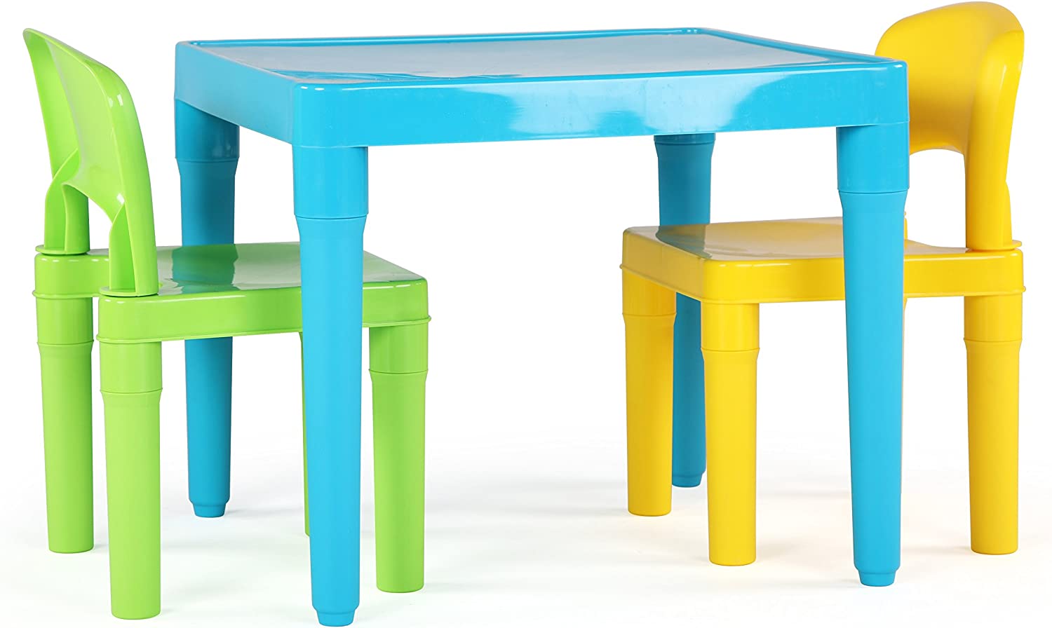 Humble Crew. Aqua Table & Green/Yellow Kids Lightweight Plastic Table and 2 Chairs Set. Square. Toddler