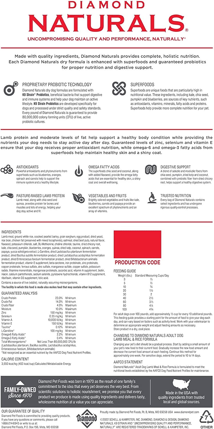 Diamond Naturals Adult Dry Dog Food Lamb Meal and Rice Formula Made with Lamb Protein. Probiotics and Essential Nutrients to Support Balanced and Overall Health 20LB