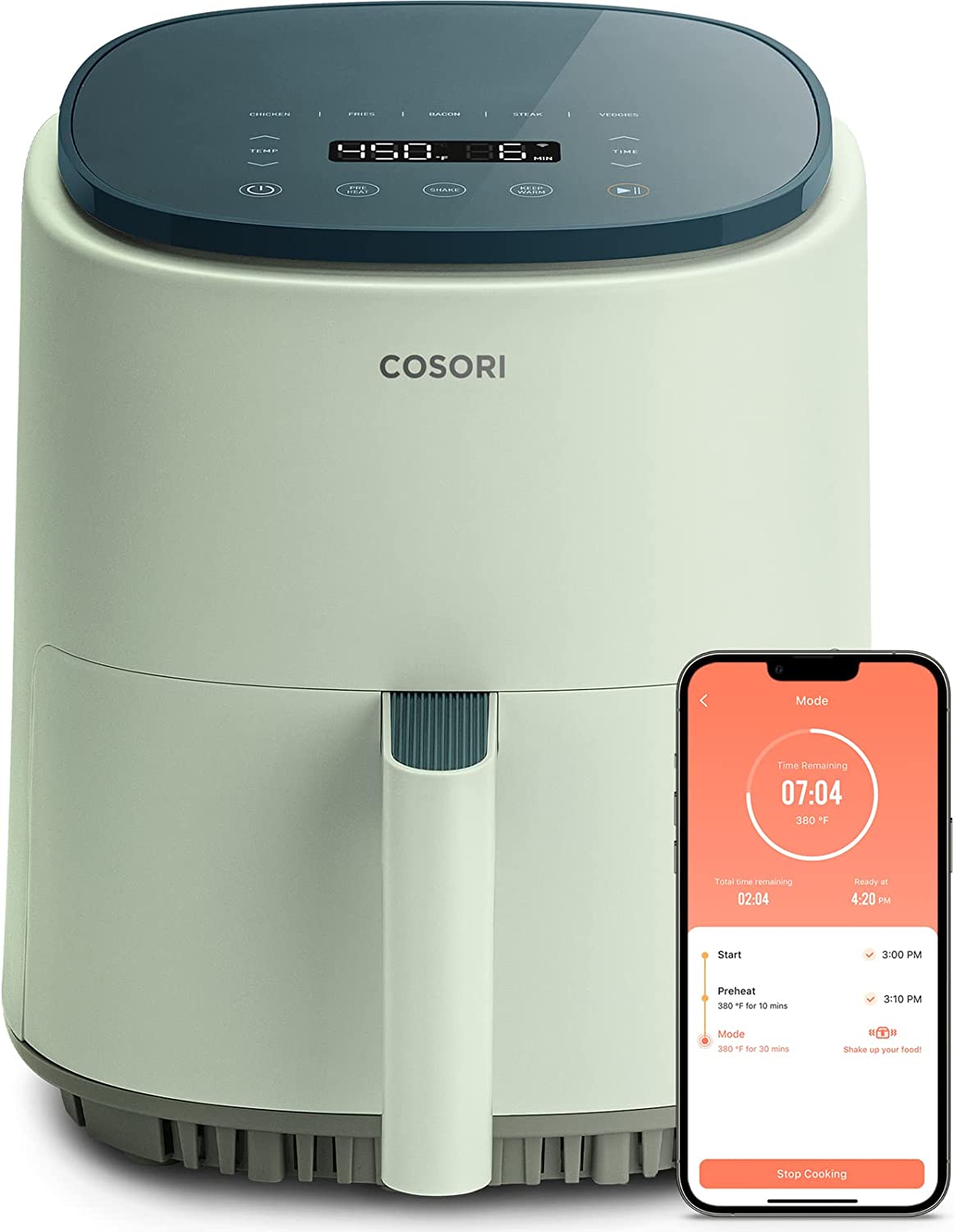 COSORI Air Fryer 4 Qt. 7 Cooking Functions Airfryer. 150+ Recipes on Free App. 97% less fat Freidora de Aire. Dishwasher-safe. Designed for 1-3 People. Lite 4.0-Quart Smart Air Fryer. Sage Green
