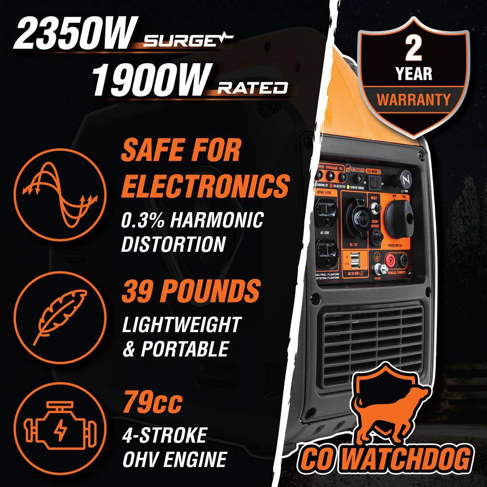 WEN 56235iX Super Quiet Ultra Lightweight Gas-Powered Recoil Start 2350-Watt Portable Inverter Generator. Fuel Shut Off & CO Sensor