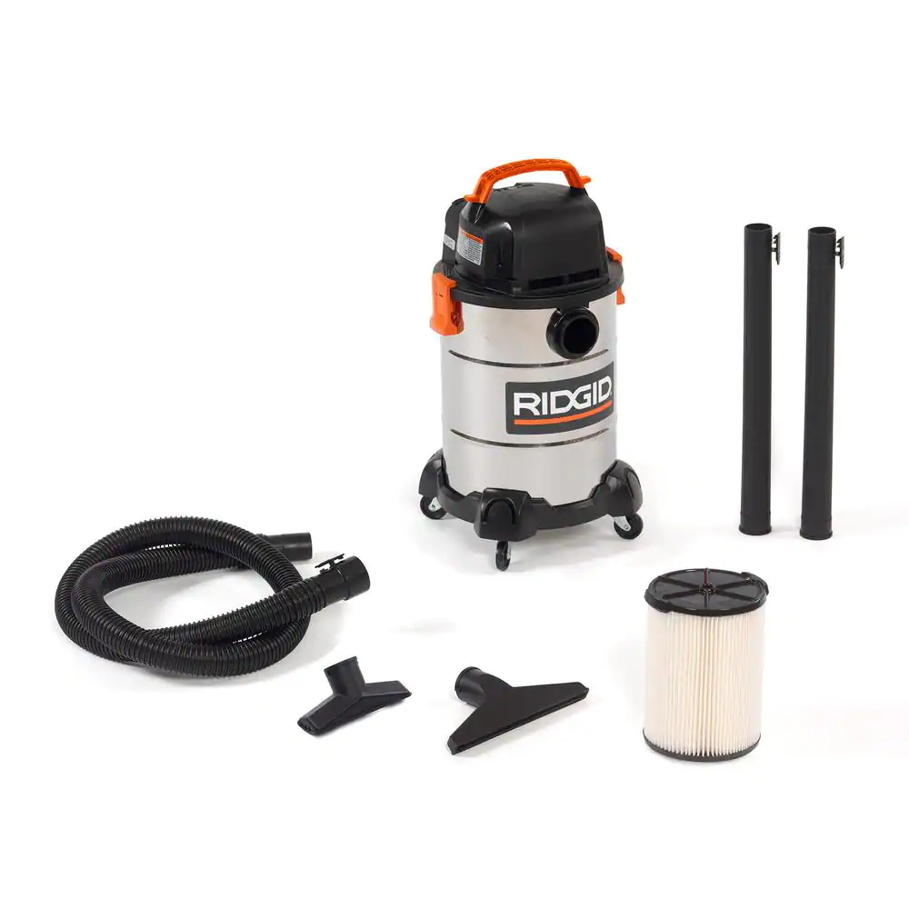 RIDGID WD6425 6 Gallon 4.25 Peak HP Stainless Steel Wet/Dry Shop Vacuum with Filter. Locking Hose and Accessories
