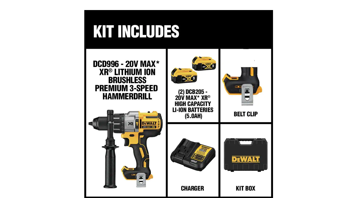 DEWALT DCD996P2 20-Volt MAX XR Cordless Brushless 3-Speed 1/2 in. Hammer Drill with (2) 20-Volt 5.0Ah Batteries & Charger