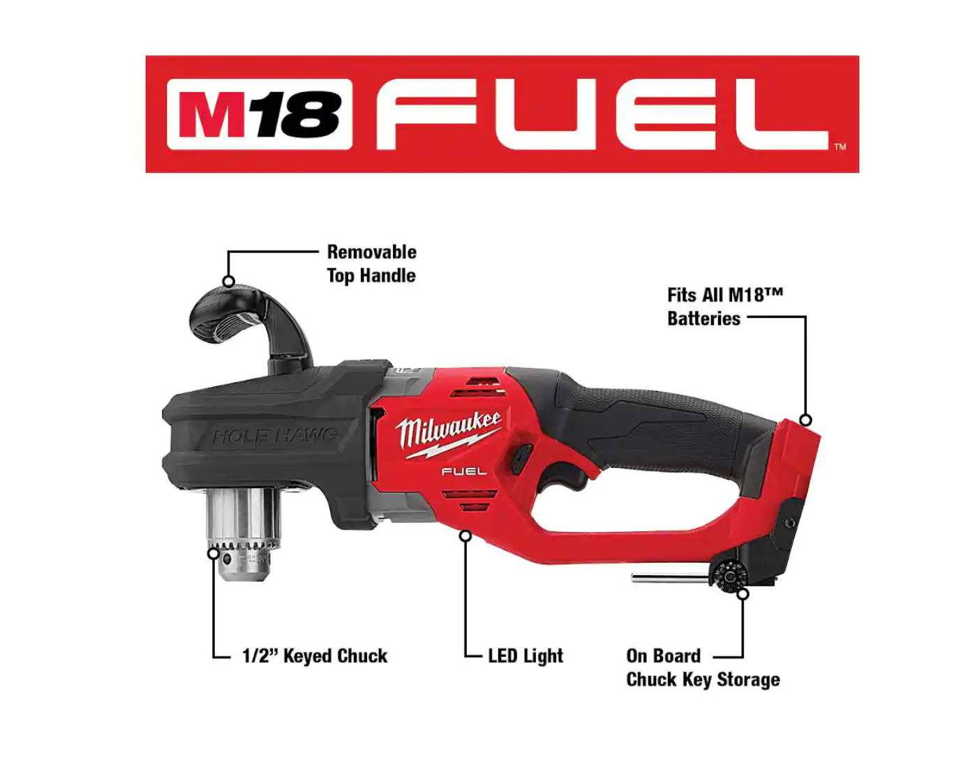 Milwaukee 2807-20 M18 FUEL GEN II 18V Lithium-Ion Brushless Cordless 1/2 in. Hole Hawg Right Angle Drill (Tool-Only)