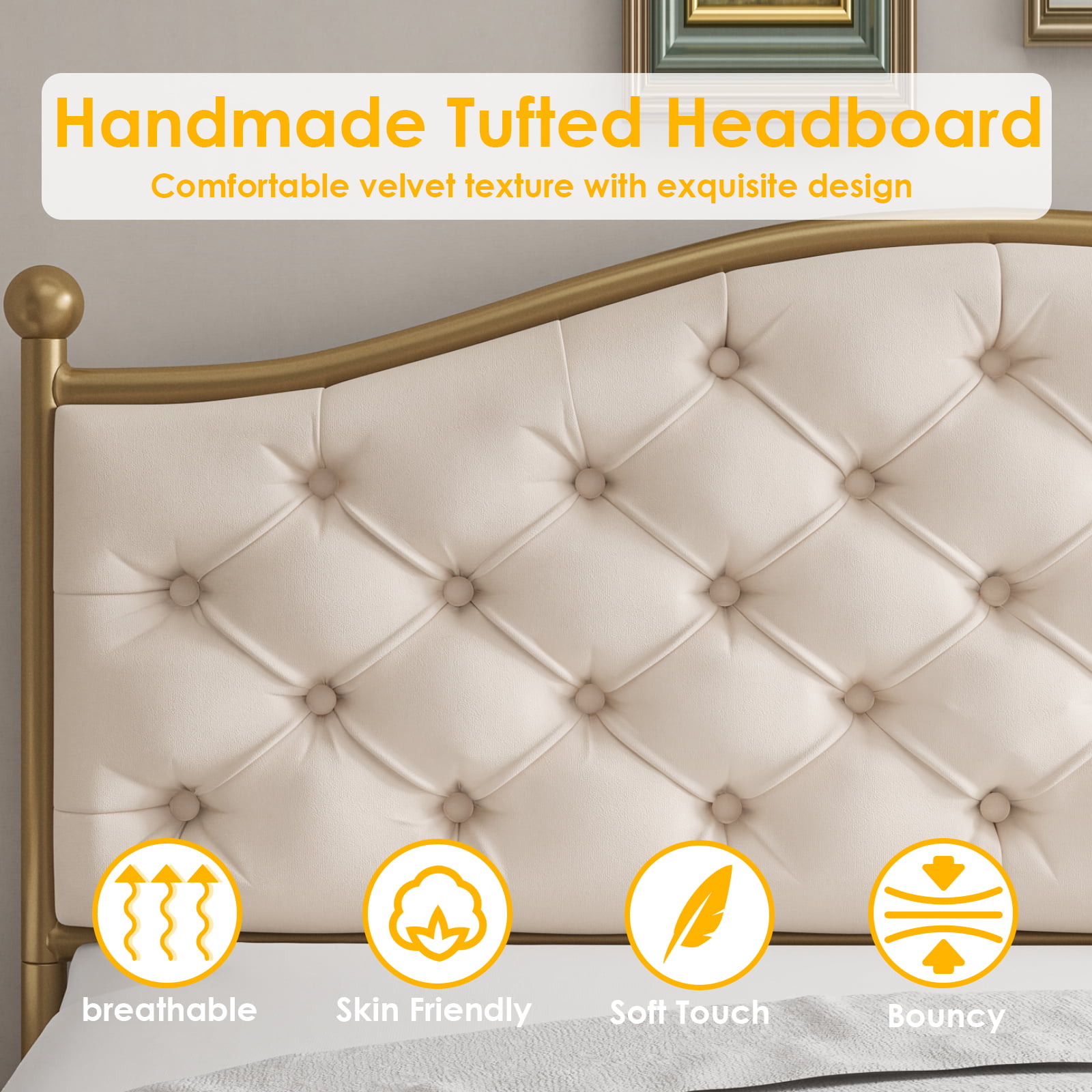 Homfa King Size Bed Frame. Metal Tubular Platform Bed - Beige - King