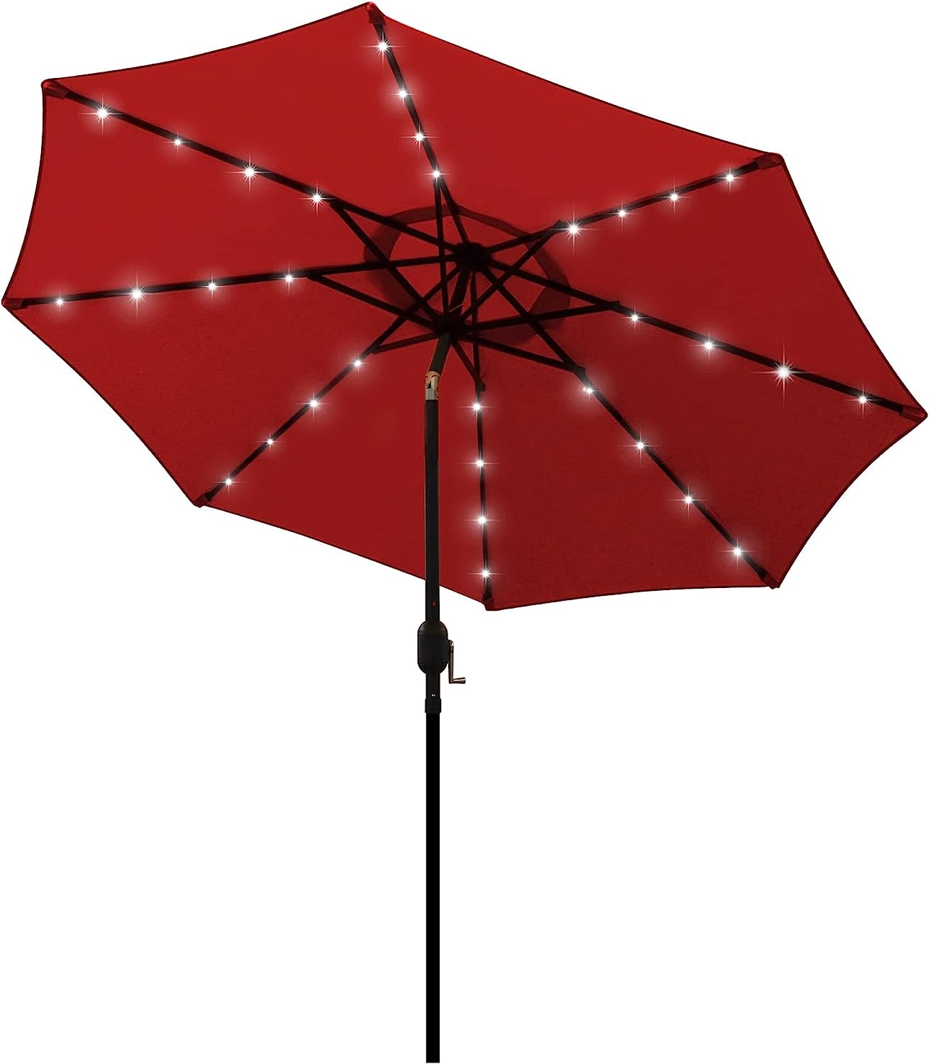 Blissun 9 ft Solar Umbrella 32 LED Lighted Patio Umbrella Table Market Umbrella with Tilt and Crank Outdoor Umbrella for Garden. Deck. Backyard. Pool and Beach (Red)