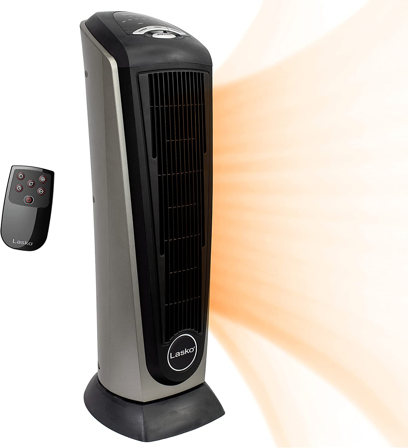 Lasko Oscillating Ceramic Tower Space Heater for Home with Adjustable Thermostat. Timer and Remote Control. 22.5 Inches. Grey/Black. 1500W. 751320