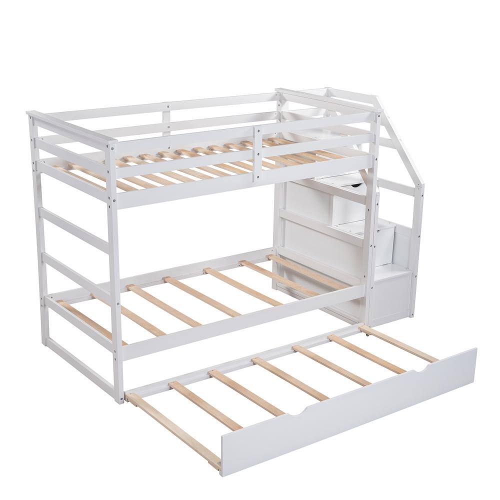 Qualler  White Twin Over Twin Bunk Bed with Twin Size Trundle and Storage Stairs