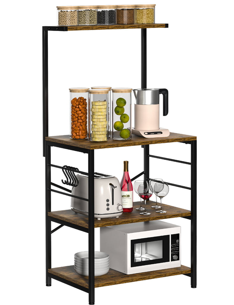 MONVANE Kitchen Baker-s Rack Storage Shelf Microwave Cart Oven Stand Coffee Bar with Side Hooks 4 Tier Shelves(Rustic Brown)