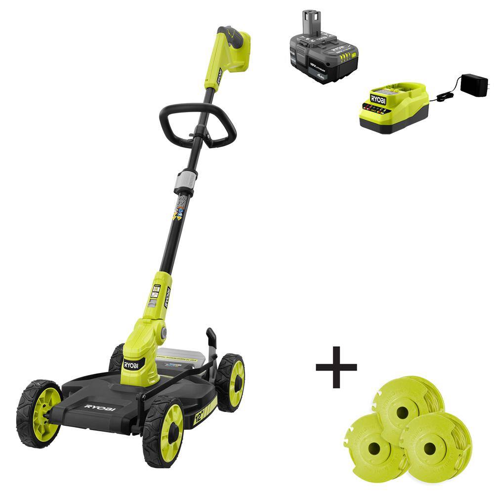 RYOBI P20160-AC ONE+ 18-Volt 12 in. Cordless 3-in-1 Trim Mower with Extra 3-Pack of Spools. 4.0 Ah Battery and Charger