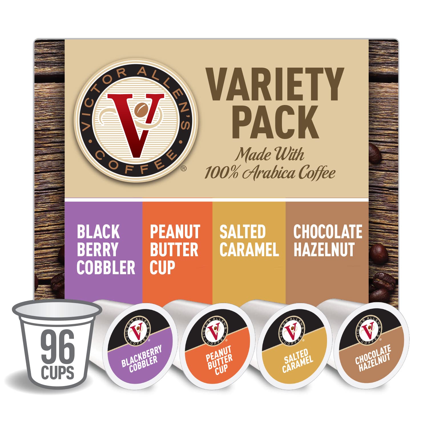 Victor Allen Sweet and Salty Variety Pack for K-Cup Keurig 2.0 Brewers. 96 Count. Peanut Butter Cup. Salted Caramel. Blackberry Cobbler. and Chocolate Hazelnut. Victor Allen's Coffee Single Serve Coffee Pods