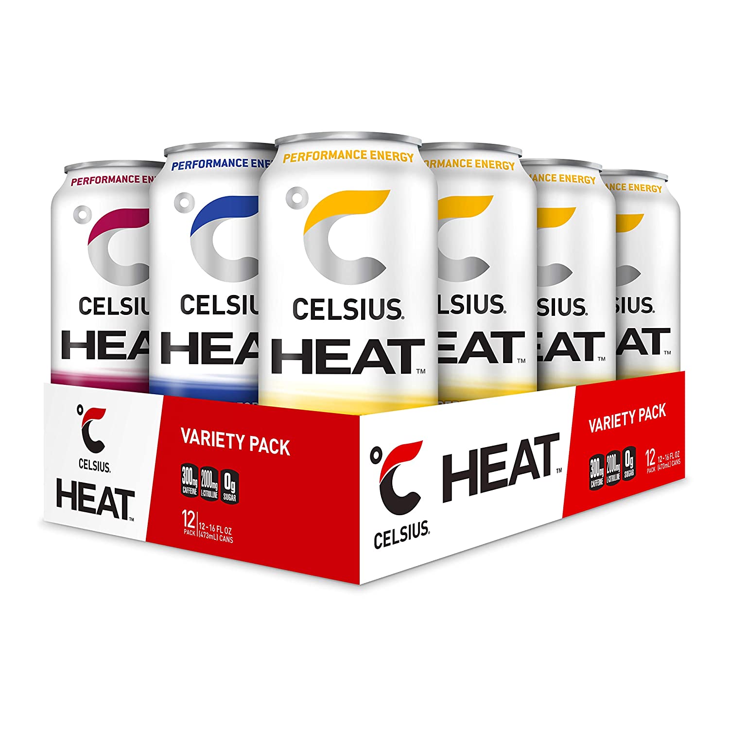 CELSIUS HEAT Performance Energy Drink 3-Flavor Variety Pack. Zero Sugar. 16oz. Can (Pack of 12)