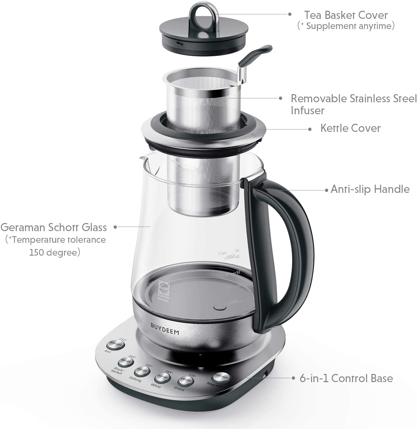 BUYDEEM K2423 Tea Maker. Durable 316 Stainless Steel & German Schott Glass Electric Kettle. Removable Infuser. Auto Keep Warm. BPA Free. 1.2L
