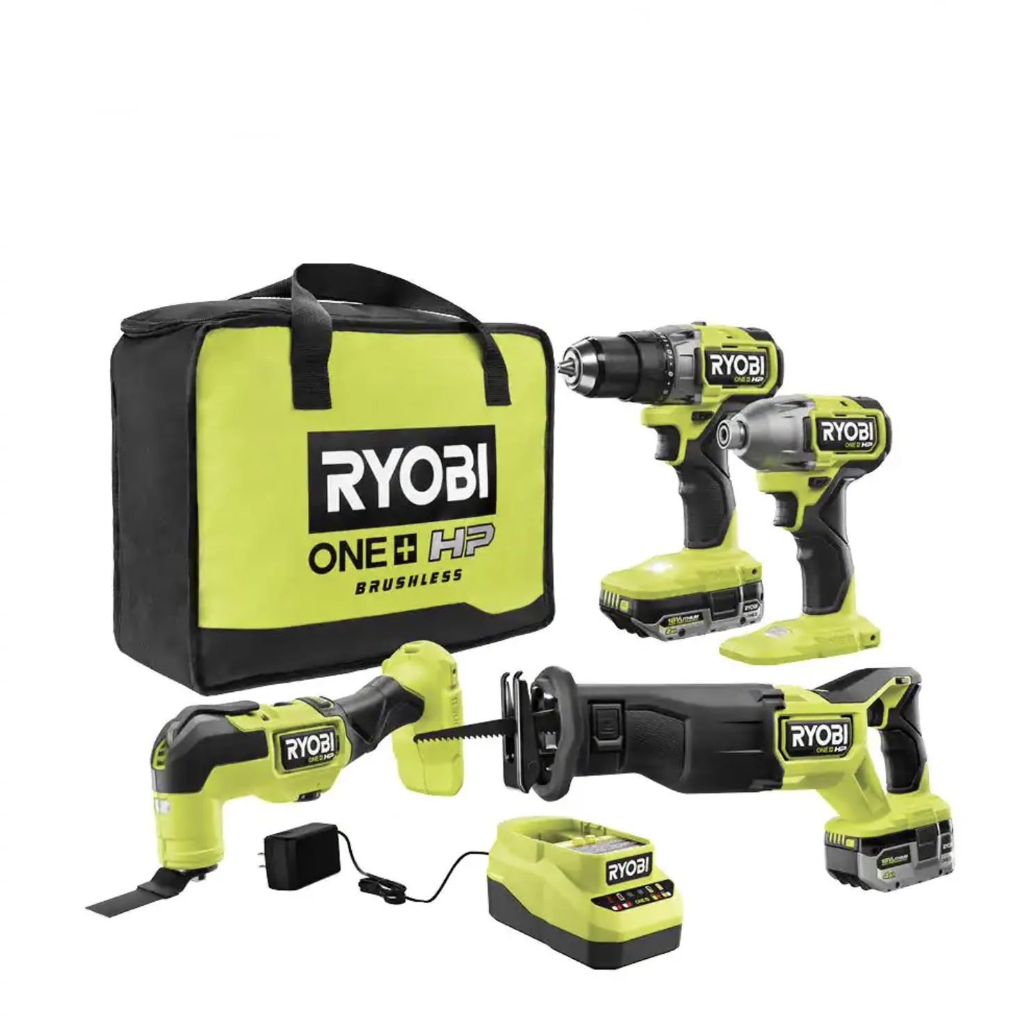 RYOBI PSBCK104K2 ONE+ HP 18V Brushless Cordless Compact 4-Tool Combo Kit with (2) 2.0 Ah Batteries. Charger. and Bag