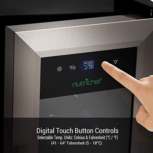 NutriChef PKCWC12 - Home Wine Cooler Fridge - Smart Wine Cooler Chilling Refrigerator with Touchscreen Control. Adjustable Temp (12 Bottle Storage Capacity)
