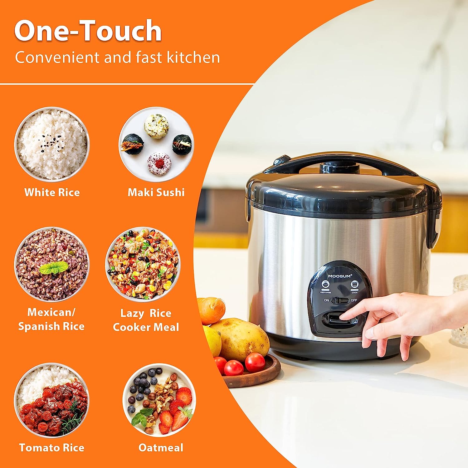 MOOSUM Electric Rice Cooker with One Touch for Asian Japanese Sushi Rice. 5-cup Uncooked/10-cup Cooked. Fast&Convenient Cooker with Ceramic Nonstick inner pot. Stainless Steel Housing and Auto Warmer