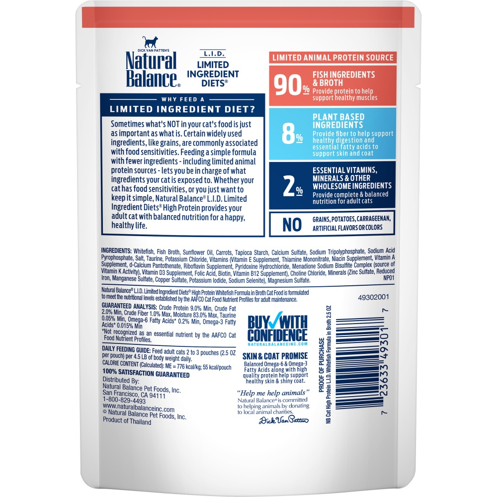 NATURAL BALANCE L.I.D. Limited Ingredient Diets High Protein Whitefish in Broth Pouch Wet Cat Food 2.5-oz case of 24