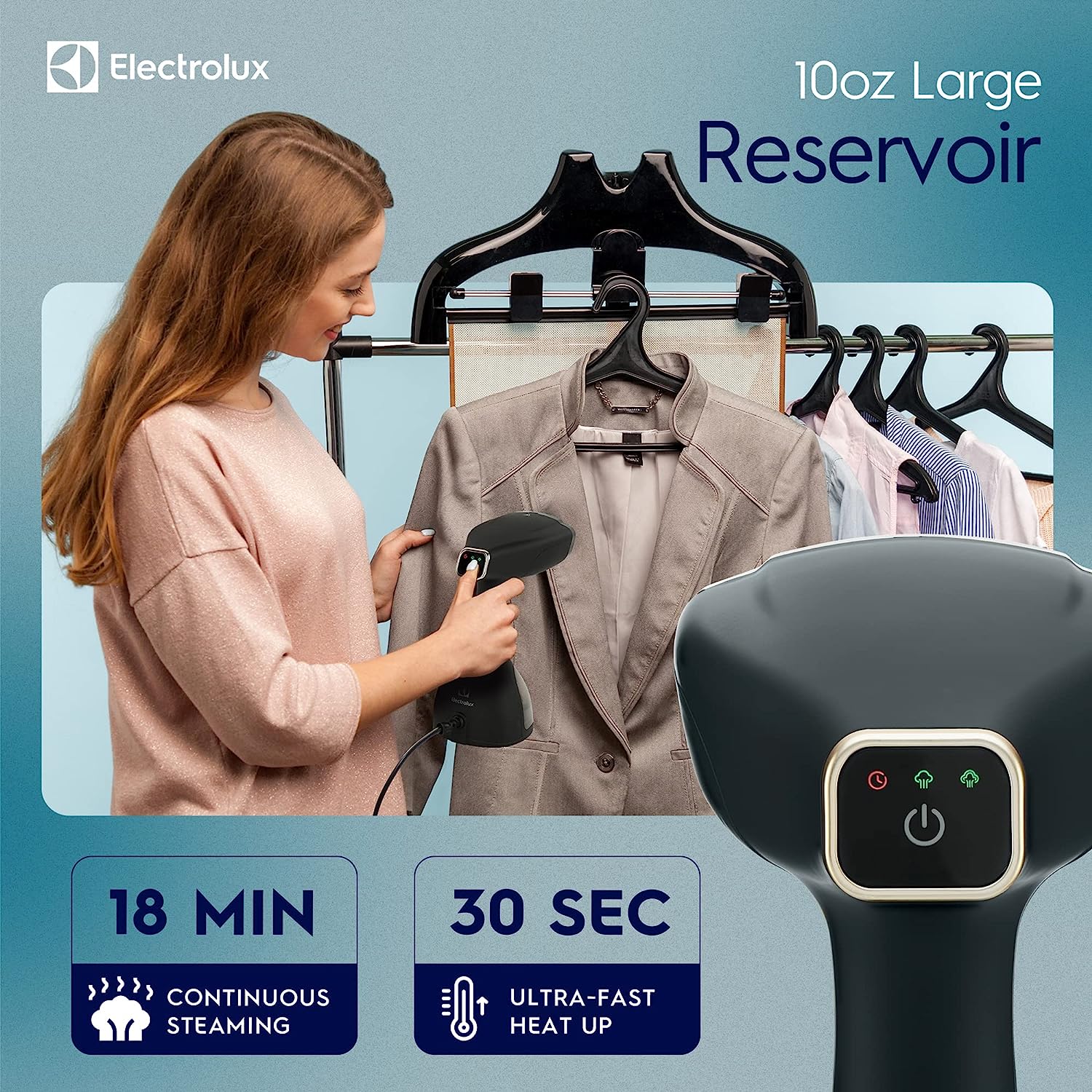 Electrolux Portable Handheld Garment and Fabric Steamer 1500 Watts. Quick Heat Ceramic Plate Steam Nozzle. 2 in 1 Fabric Wrinkle Remover and Clothing Iron. with Fabric. Lint Brush. and Steam Nozzle. Black