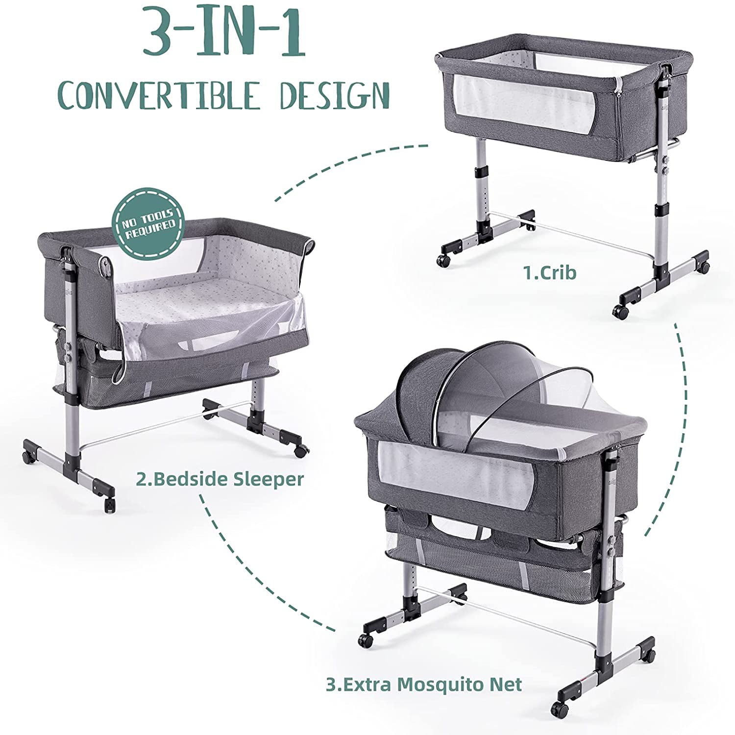 Lamberia 3 in 1 Bassinet for Baby. Easy Folding Sleeper with Mattress for Newborn Infant/Baby Boy/Baby Girl (Grey)