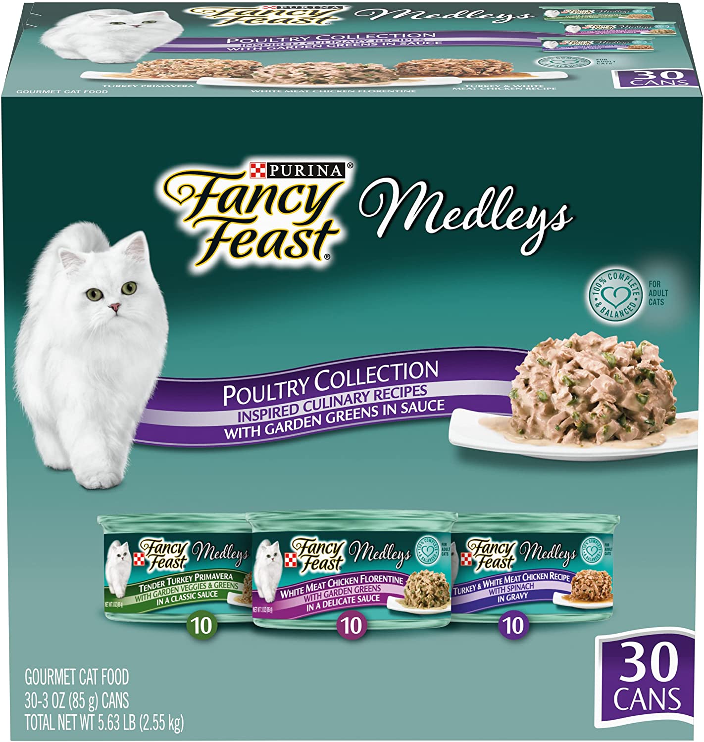 Purina Fancy Feast Wet Cat Food Variety Pack. Medleys Poultry Collection with Garden Greens in Sauce - (30) 3 oz. Cans
