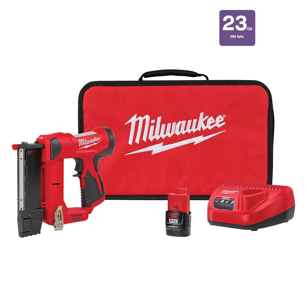Milwaukee 2540-21 M12 12-Volt 23-Gauge Lithium-Ion Cordless Pin Nailer Kit with 1.5 Ah Battery. Charger and Tool Bag