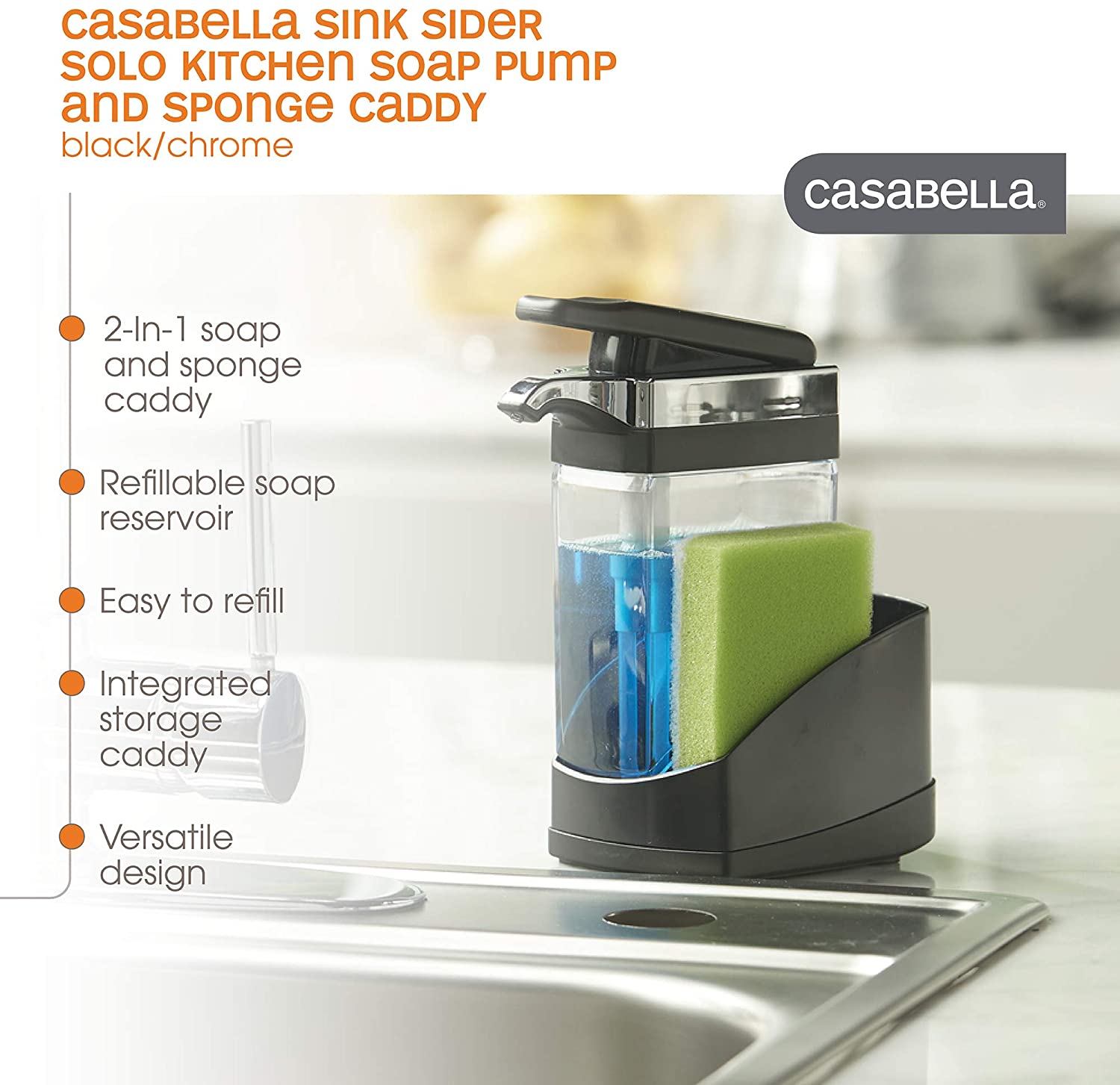 Casabella Sink Sider Solo Kitchen Soap Pump and Sponge Caddy. Black