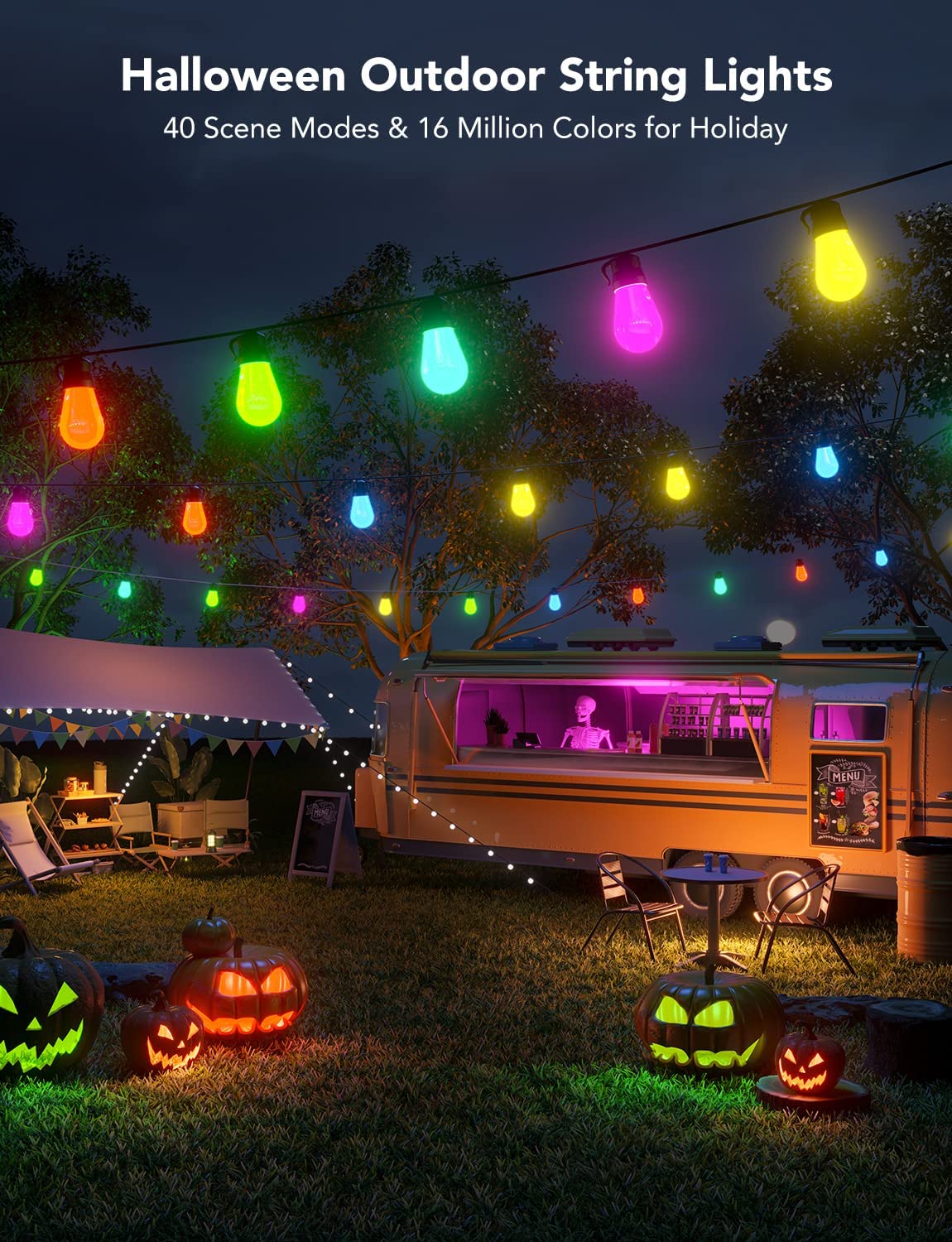 Govee Smart Outdoor String Lights. 48ft RGBIC Patio Lights with 15 Dimmable Warm White LED Bulbs. IP65 Waterproof WiFi APP Control Outdoor String Lights Work with Alexa for Balcony. Backyard. Party