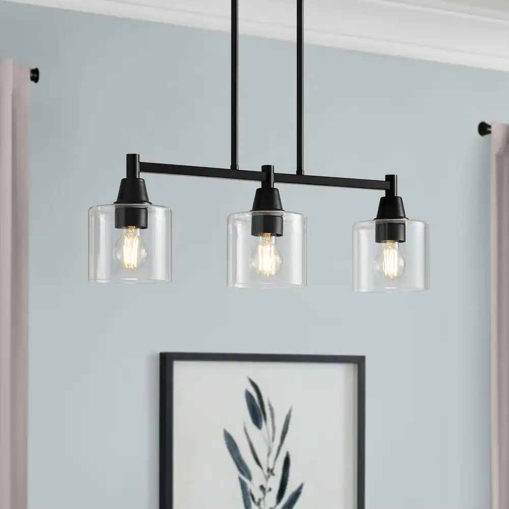 Hampton Bay 316665383 Oron 3-Light Black Linear Island Pendant Hanging Light. Kitchen Lighting with Clear Glass Shades
