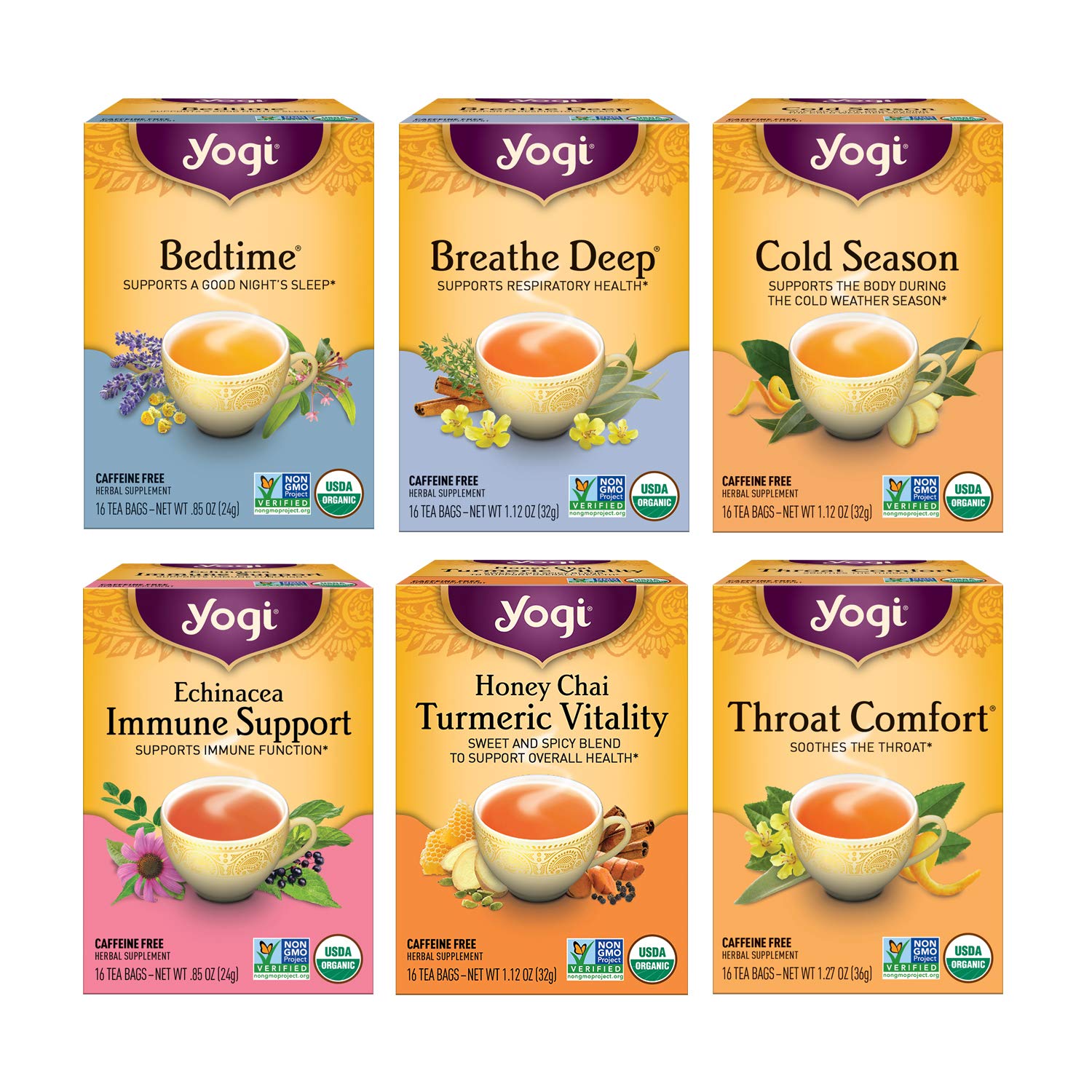 Yogi Tea - Get Well Variety Pack Sampler (6 Pack) - Herbal Teas for Cold and Flu Symptom Support - Caffeine Free - 96 Organic Herbal Tea Bags