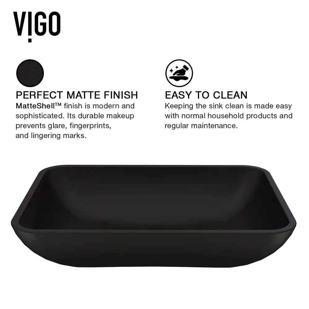 VIGO VGT1428 Matte Shell Sottile Glass Rectangular Vessel Bathroom Sink in Black